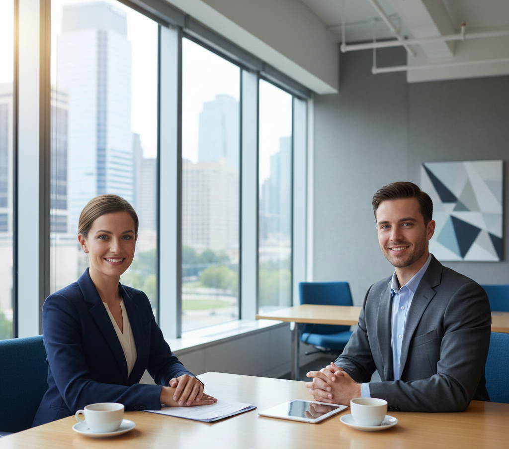 Behavioral interview preparation with candidate confidently answering questions