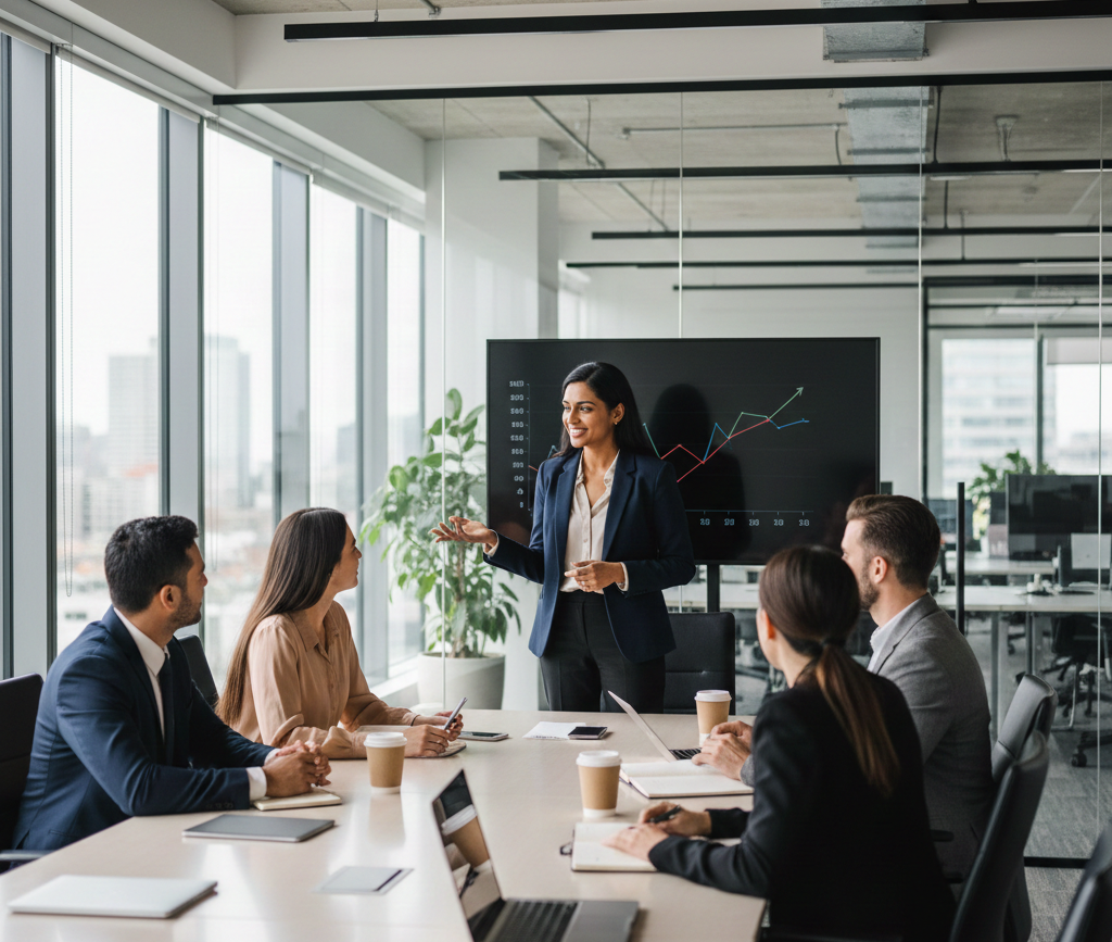 Leadership skills development in a modern workplace with a manager leading a team